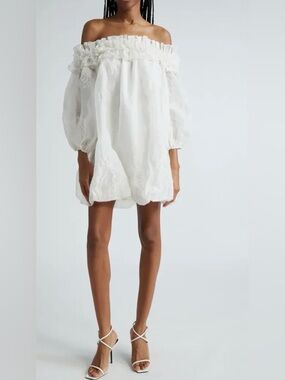 Feminine & comfy white chiffon off the shoulder dress